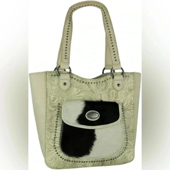 Montana West Trinity Cow hair Leather Tooled Concealed Carry Tote Bag‎ purse - Picture 1 of 17